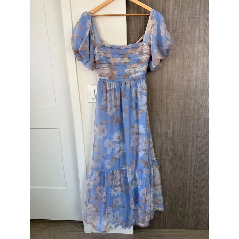 Abercrombie & Fitch Emerson Drama Bow Back Maxi Dress Blue Floral Print Medium